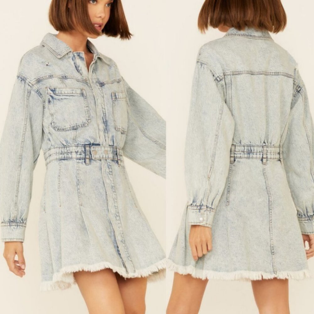 Free People Denim Dress Fringe Size Large Chain of Command Blue Jean Button Down - Picture 14 of 16